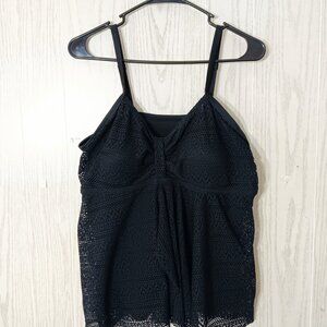 Black‎ Swim Tankini Top Faux Fly Away Front Flowy Ruffled Crochet Size 2XL
